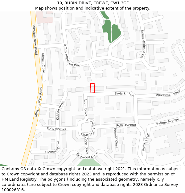 19, RUBIN DRIVE, CREWE, CW1 3GF: Location map and indicative extent of plot