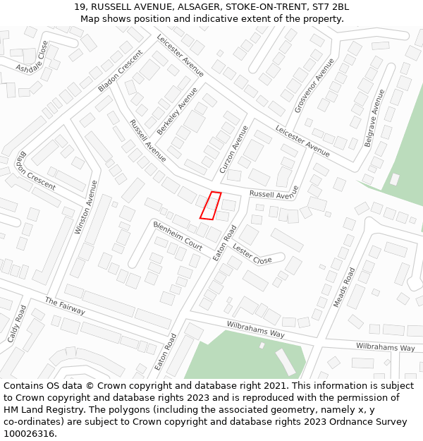 19, RUSSELL AVENUE, ALSAGER, STOKE-ON-TRENT, ST7 2BL: Location map and indicative extent of plot