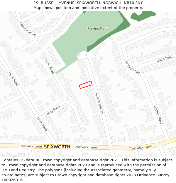 19, RUSSELL AVENUE, SPIXWORTH, NORWICH, NR10 3NY: Location map and indicative extent of plot