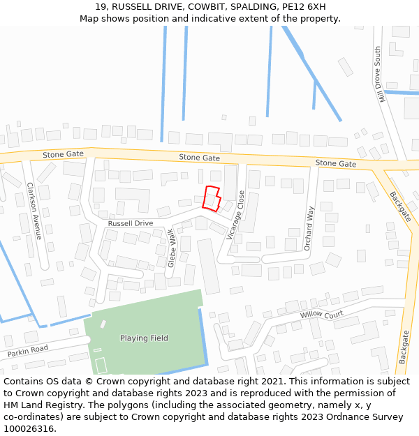 19, RUSSELL DRIVE, COWBIT, SPALDING, PE12 6XH: Location map and indicative extent of plot