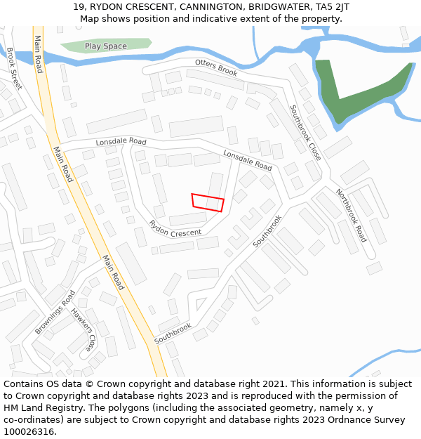 19, RYDON CRESCENT, CANNINGTON, BRIDGWATER, TA5 2JT: Location map and indicative extent of plot