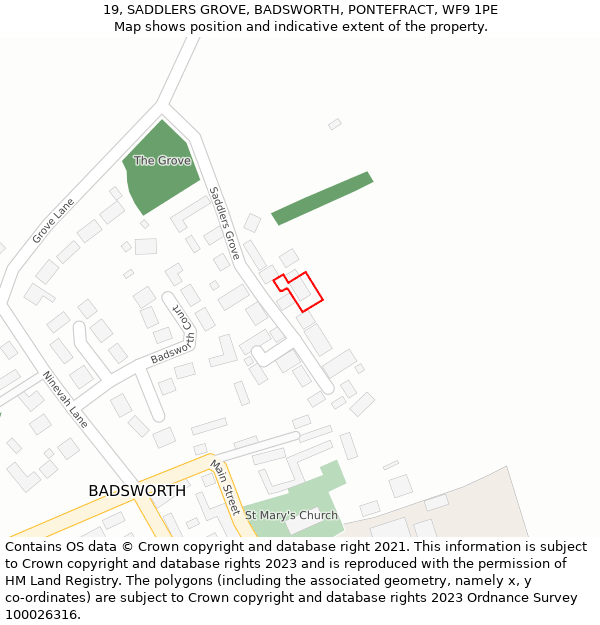 19, SADDLERS GROVE, BADSWORTH, PONTEFRACT, WF9 1PE: Location map and indicative extent of plot