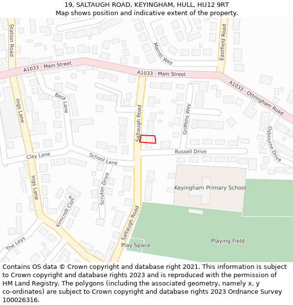 19, SALTAUGH ROAD, KEYINGHAM, HULL, HU12 9RT: Location map and indicative extent of plot