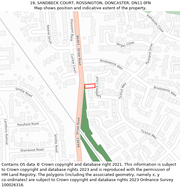 19, SANDBECK COURT, ROSSINGTON, DONCASTER, DN11 0FN: Location map and indicative extent of plot