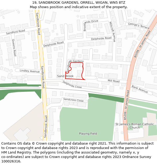 19, SANDBROOK GARDENS, ORRELL, WIGAN, WN5 8TZ: Location map and indicative extent of plot