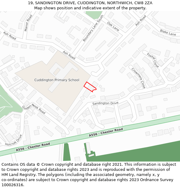 19, SANDINGTON DRIVE, CUDDINGTON, NORTHWICH, CW8 2ZA: Location map and indicative extent of plot