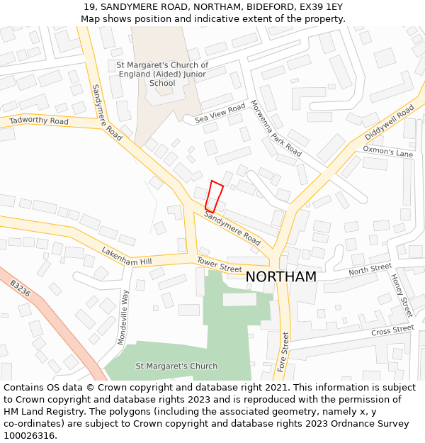 19, SANDYMERE ROAD, NORTHAM, BIDEFORD, EX39 1EY: Location map and indicative extent of plot