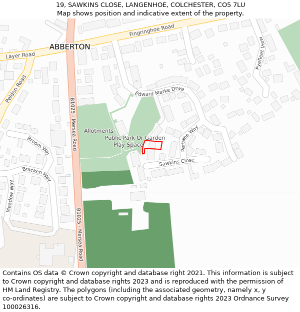 19, SAWKINS CLOSE, LANGENHOE, COLCHESTER, CO5 7LU: Location map and indicative extent of plot