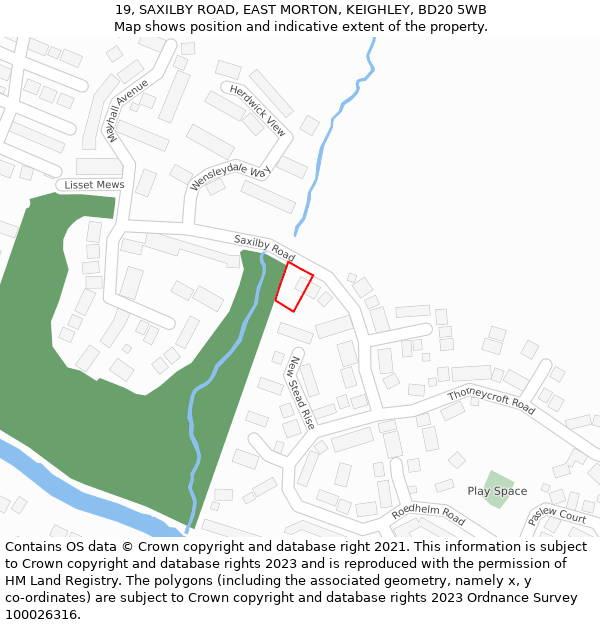 19, SAXILBY ROAD, EAST MORTON, KEIGHLEY, BD20 5WB: Location map and indicative extent of plot