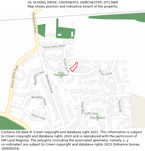 19, SCHOOL DRIVE, CROSSWAYS, DORCHESTER, DT2 8WR: Location map and indicative extent of plot