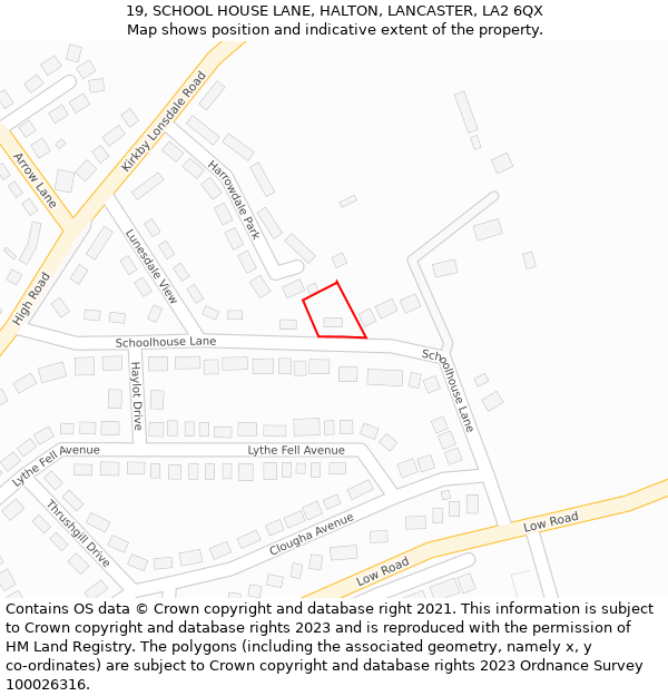 19, SCHOOL HOUSE LANE, HALTON, LANCASTER, LA2 6QX: Location map and indicative extent of plot