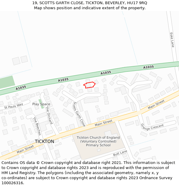 19, SCOTTS GARTH CLOSE, TICKTON, BEVERLEY, HU17 9RQ: Location map and indicative extent of plot