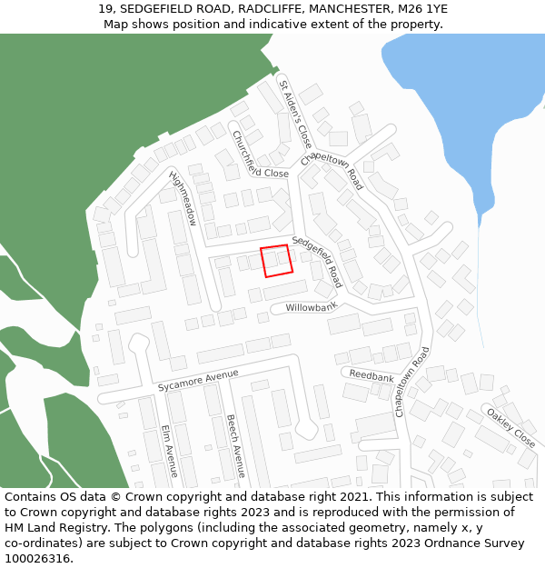 19, SEDGEFIELD ROAD, RADCLIFFE, MANCHESTER, M26 1YE: Location map and indicative extent of plot