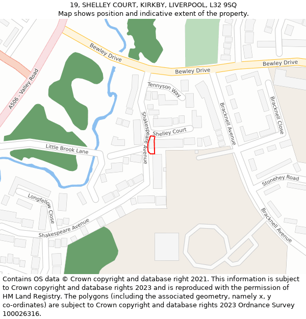 19, SHELLEY COURT, KIRKBY, LIVERPOOL, L32 9SQ: Location map and indicative extent of plot
