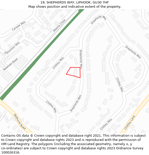 19, SHEPHERDS WAY, LIPHOOK, GU30 7HF: Location map and indicative extent of plot