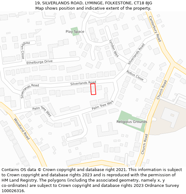 19, SILVERLANDS ROAD, LYMINGE, FOLKESTONE, CT18 8JG: Location map and indicative extent of plot