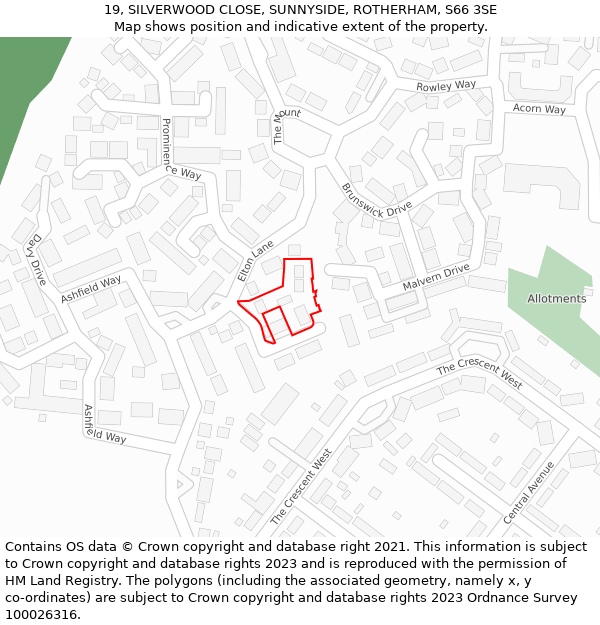 19, SILVERWOOD CLOSE, SUNNYSIDE, ROTHERHAM, S66 3SE: Location map and indicative extent of plot