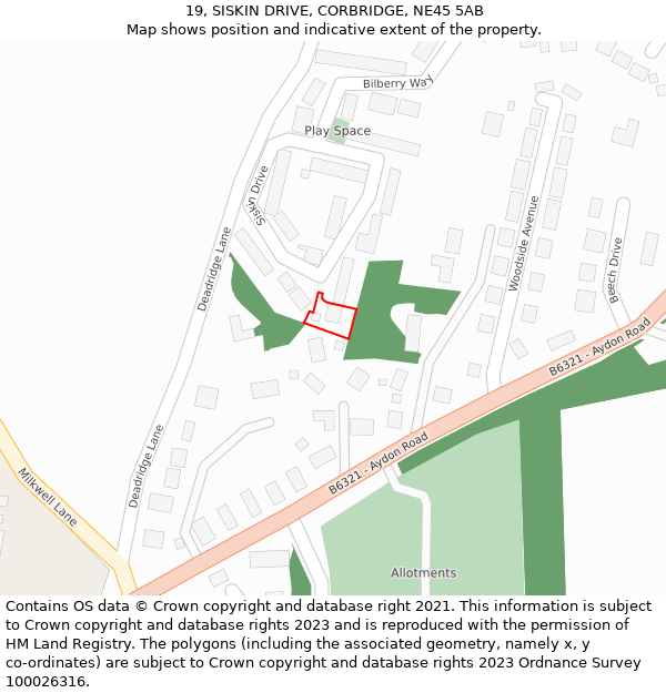 19, SISKIN DRIVE, CORBRIDGE, NE45 5AB: Location map and indicative extent of plot