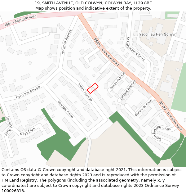 19, SMITH AVENUE, OLD COLWYN, COLWYN BAY, LL29 8BE: Location map and indicative extent of plot