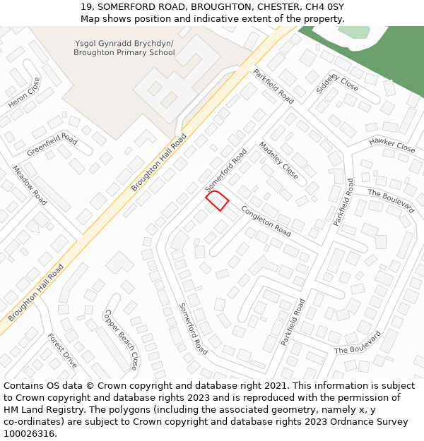 19, SOMERFORD ROAD, BROUGHTON, CHESTER, CH4 0SY: Location map and indicative extent of plot