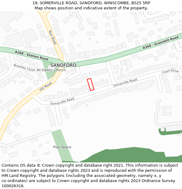 19, SOMERVILLE ROAD, SANDFORD, WINSCOMBE, BS25 5RP: Location map and indicative extent of plot