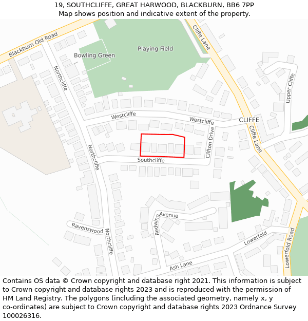 19, SOUTHCLIFFE, GREAT HARWOOD, BLACKBURN, BB6 7PP: Location map and indicative extent of plot