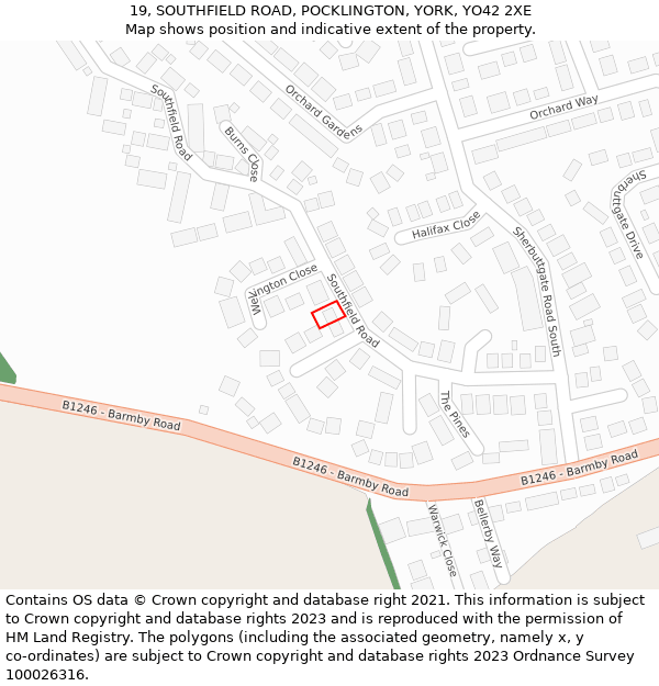 19, SOUTHFIELD ROAD, POCKLINGTON, YORK, YO42 2XE: Location map and indicative extent of plot