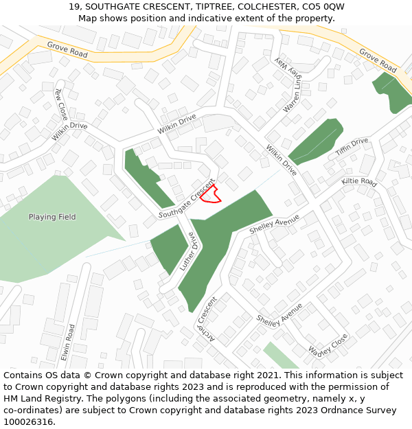 19, SOUTHGATE CRESCENT, TIPTREE, COLCHESTER, CO5 0QW: Location map and indicative extent of plot