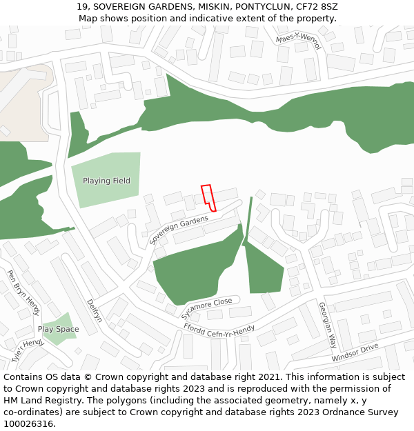 19, SOVEREIGN GARDENS, MISKIN, PONTYCLUN, CF72 8SZ: Location map and indicative extent of plot