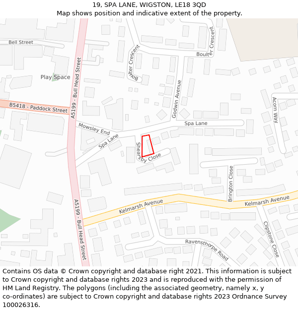 19, SPA LANE, WIGSTON, LE18 3QD: Location map and indicative extent of plot