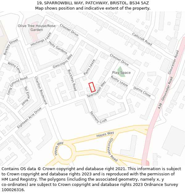 19, SPARROWBILL WAY, PATCHWAY, BRISTOL, BS34 5AZ: Location map and indicative extent of plot