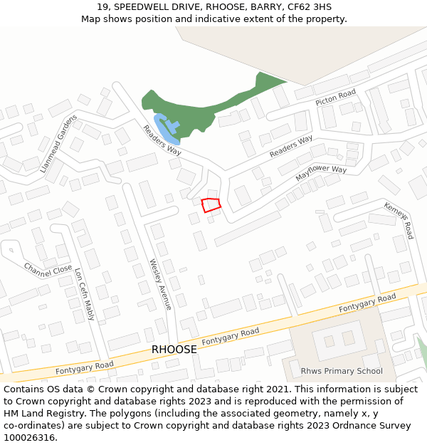 19, SPEEDWELL DRIVE, RHOOSE, BARRY, CF62 3HS: Location map and indicative extent of plot