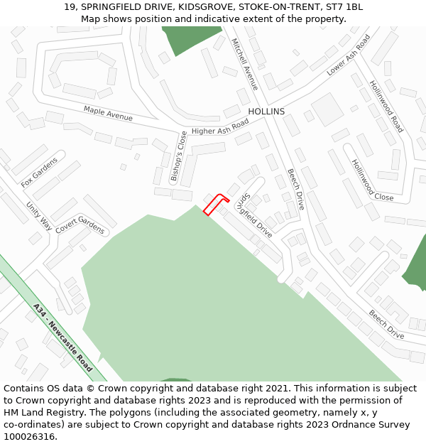 19, SPRINGFIELD DRIVE, KIDSGROVE, STOKE-ON-TRENT, ST7 1BL: Location map and indicative extent of plot