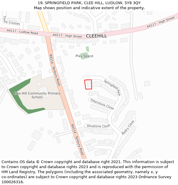 19, SPRINGFIELD PARK, CLEE HILL, LUDLOW, SY8 3QY: Location map and indicative extent of plot