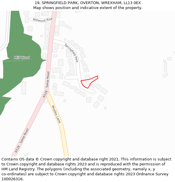 19, SPRINGFIELD PARK, OVERTON, WREXHAM, LL13 0EX: Location map and indicative extent of plot