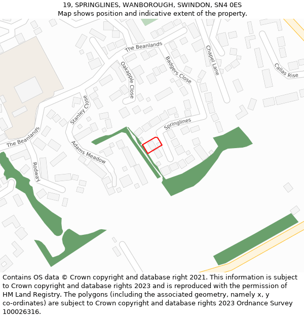 19, SPRINGLINES, WANBOROUGH, SWINDON, SN4 0ES: Location map and indicative extent of plot