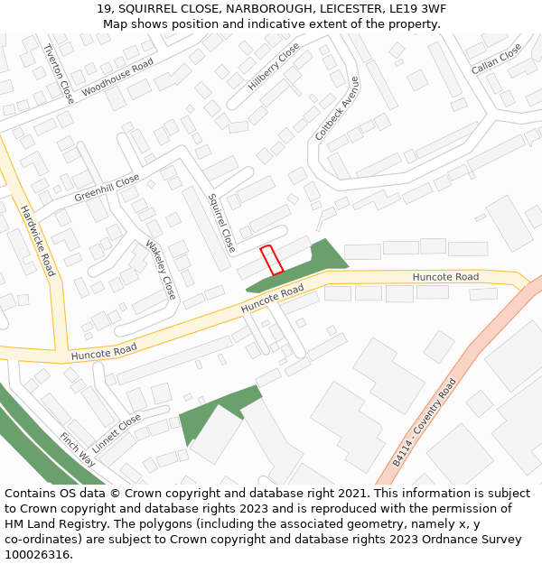 19, SQUIRREL CLOSE, NARBOROUGH, LEICESTER, LE19 3WF: Location map and indicative extent of plot