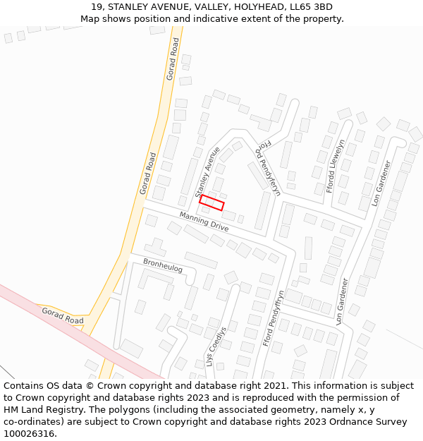 19, STANLEY AVENUE, VALLEY, HOLYHEAD, LL65 3BD: Location map and indicative extent of plot