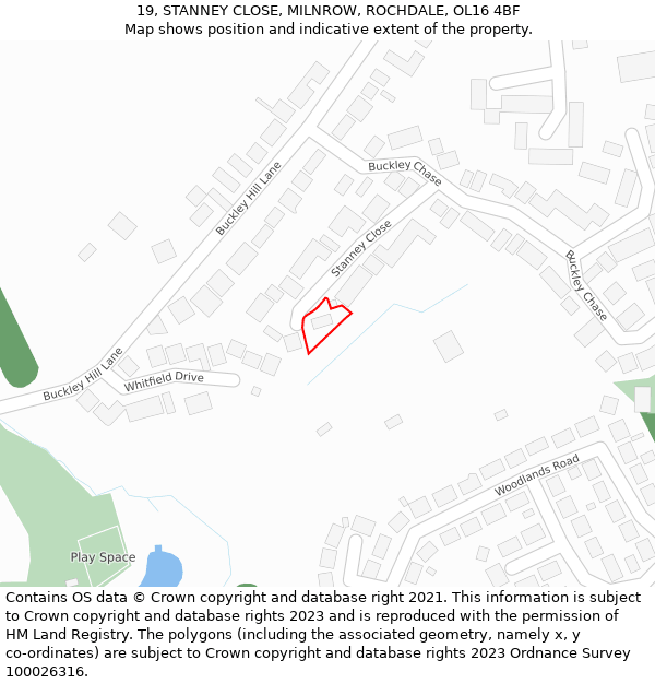 19, STANNEY CLOSE, MILNROW, ROCHDALE, OL16 4BF: Location map and indicative extent of plot