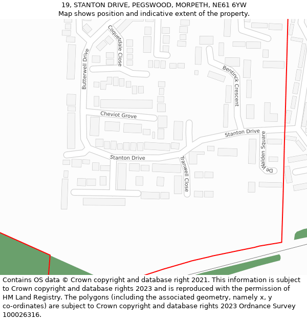 19, STANTON DRIVE, PEGSWOOD, MORPETH, NE61 6YW: Location map and indicative extent of plot