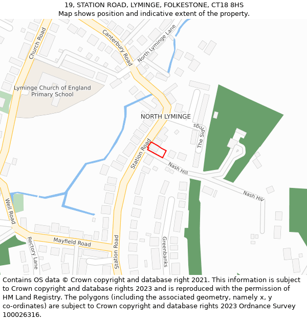 19, STATION ROAD, LYMINGE, FOLKESTONE, CT18 8HS: Location map and indicative extent of plot