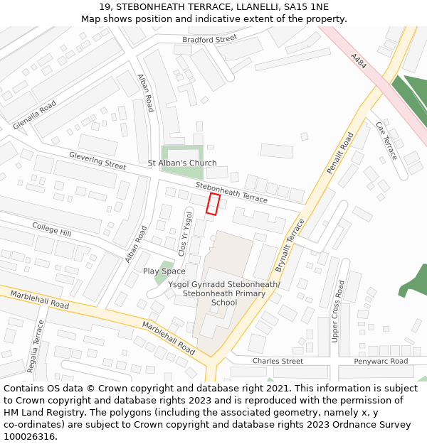 19, STEBONHEATH TERRACE, LLANELLI, SA15 1NE: Location map and indicative extent of plot