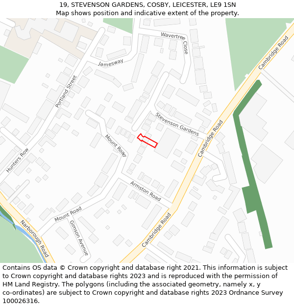 19, STEVENSON GARDENS, COSBY, LEICESTER, LE9 1SN: Location map and indicative extent of plot