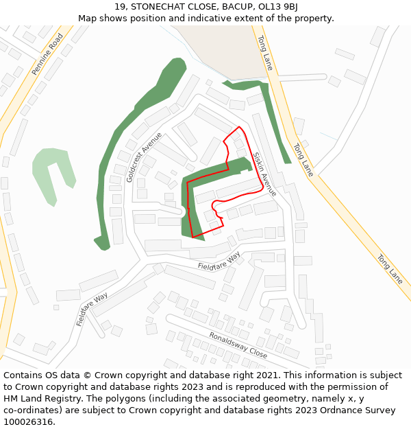 19, STONECHAT CLOSE, BACUP, OL13 9BJ: Location map and indicative extent of plot