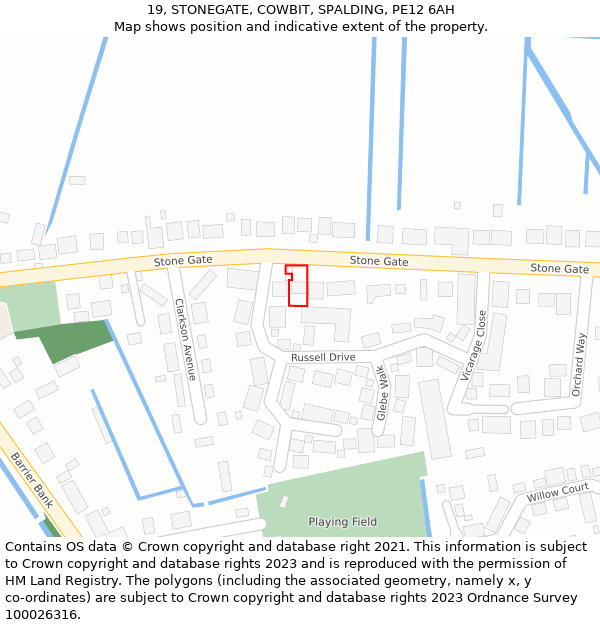 19, STONEGATE, COWBIT, SPALDING, PE12 6AH: Location map and indicative extent of plot