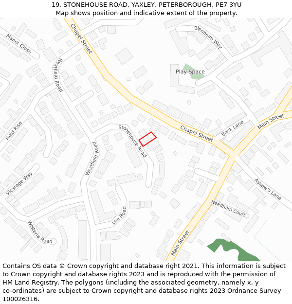 19, STONEHOUSE ROAD, YAXLEY, PETERBOROUGH, PE7 3YU: Location map and indicative extent of plot