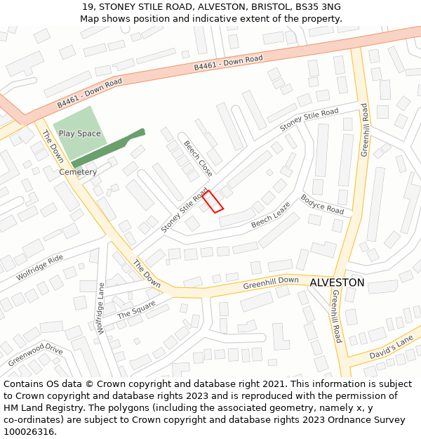 19, STONEY STILE ROAD, ALVESTON, BRISTOL, BS35 3NG: Location map and indicative extent of plot