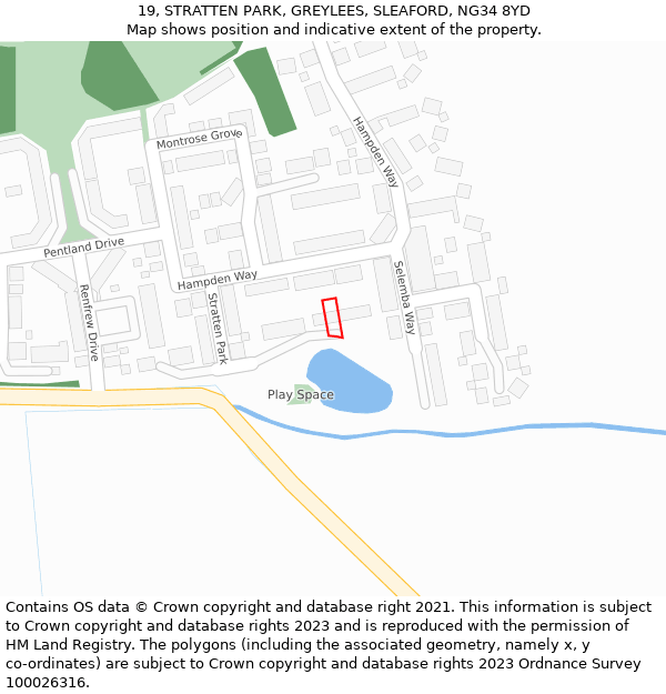 19, STRATTEN PARK, GREYLEES, SLEAFORD, NG34 8YD: Location map and indicative extent of plot