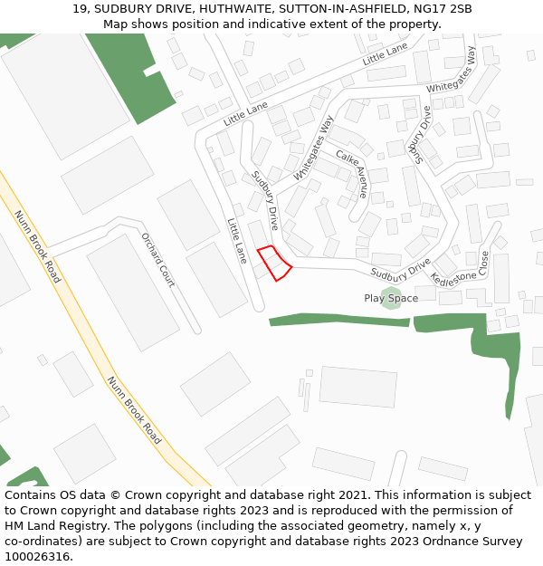 19, SUDBURY DRIVE, HUTHWAITE, SUTTON-IN-ASHFIELD, NG17 2SB: Location map and indicative extent of plot