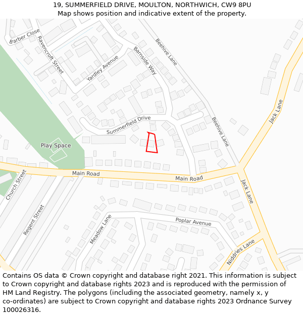 19, SUMMERFIELD DRIVE, MOULTON, NORTHWICH, CW9 8PU: Location map and indicative extent of plot